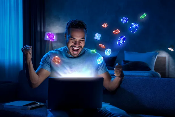 A young woman relaxing with her phone while dynamic casino elements float around her, illustrating the smooth mobile experience offered by the SLO16 app.